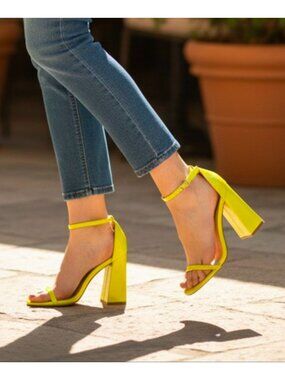 Neon Yellow Block Heel Sandals With Adjustable Ankle Strap Open Toe Design And G